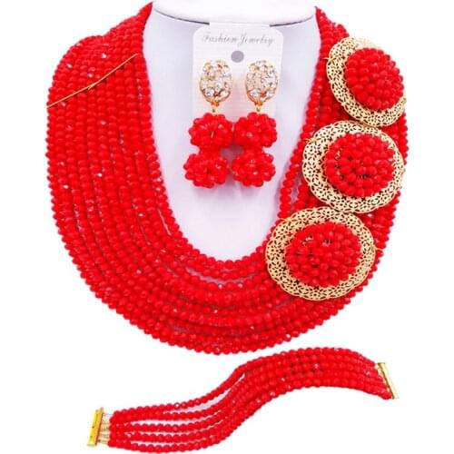 ACZUV Nigerian Wedding African Beads Jewelry Necklace Opaque Red Jewelry Sets for Women 10C-3PH007