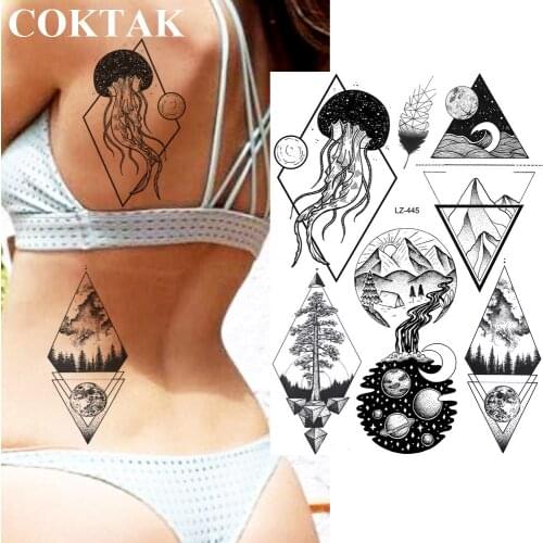 COKTAK Rhombus Triangle Mountain Tattoos Temporary Jellyfish Pine Tree Tatoos For Men Women Body Art Fake Arm Leg Tattoo Sticker