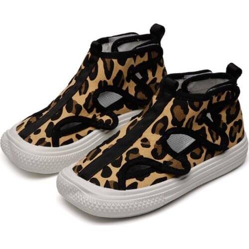 Childrens Fashion Canvas Shoes Summer New Boys Checkerboard High-top Shoes Girls Breathable Leopard Print Sandals Hot Hollow