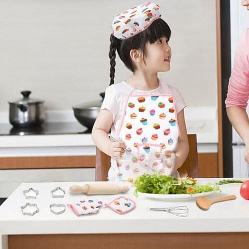 Kids Cooking Baking Set Apron Chef Hat Oven Mitt Cookie Cutters Silicone Moulds for Kitchen Chef Costume Pretend Role Play Toys