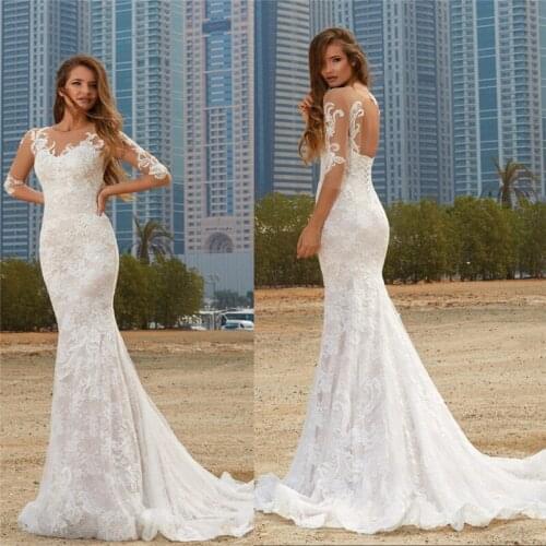 Sheer Lace Appliques Mermaid Long Wedding Dresses Lace Up Back Custom Natural Slim Bridal Gowns Long Spring