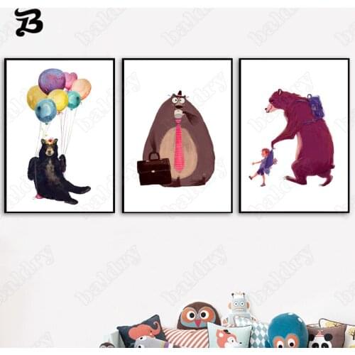 Canvas Painting for Living Room Cartoon Go To Work and School Bear Posters and Prints Animals Wall Pictures for Baby Room Decor