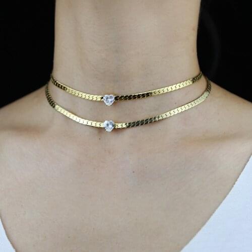 Gold Color Classic Simple 4MM Width Herringbone Chain Micro Pave Heart CZ Charm Herringbone Snake Chain women Bracelet Jewelry