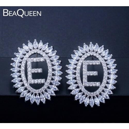 BeaQueen Classic White Gold Color Cubic Zirconia Crystal Letter Name Big Stud Earrings for Women Friendship Jewelry Gift E203