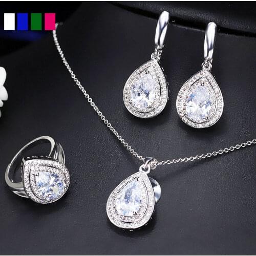925 Sterling Silver Drop Water Bridal Jewelry Sets For Women White Topaz Dangle Earrings Necklace Ring For Jewelry