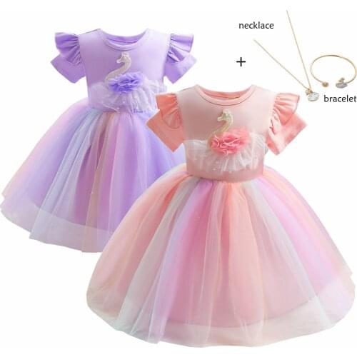 Summer Girls Swan Rainbow Puffy Mesh Princess Dresses For Childrens day Birthday Wedding Party Ball Gown Kids Rainbow Clothes