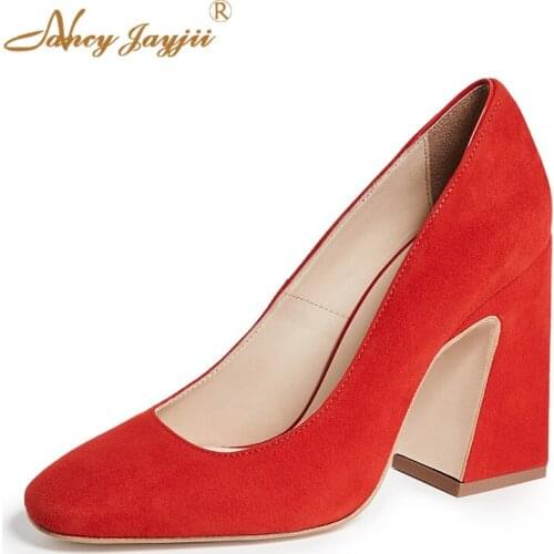 Flock Female Pumps Lady Shoes Solid Super High Square heels Sewing Round Toe Slip-On Spring/Autumn Fashin Classics Elegant 2019