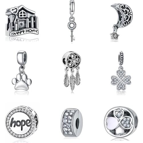 2021 New Alloy Bead Home Love Lucky Clover White Clear CZ Charm Fit Original Pandora Bracelet Bangle Necklace DIY Women Jewelry