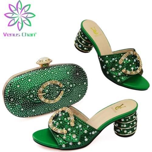 Latest New Arrival 2021 Winter Italian Women Shoes and Bag Set in Green Color Pretty Price in New Item Pointed Toe Sandals