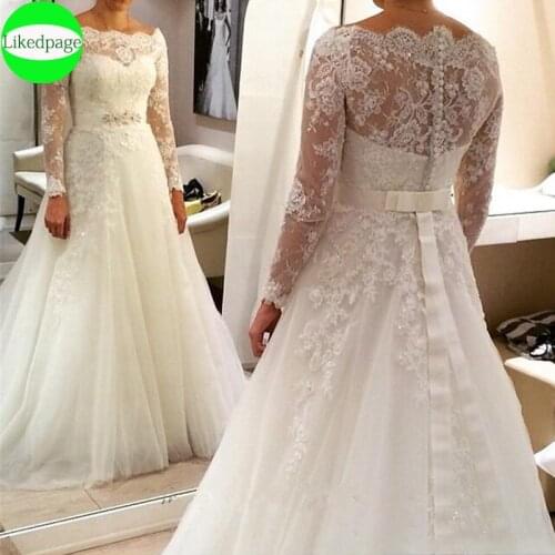 Wedding Dress 2021Boho Vestidos De Novia Long Sleeve Lace Applique Boat Neck Robe Mariage Boda Bride Gown Trouwjurk Button Back