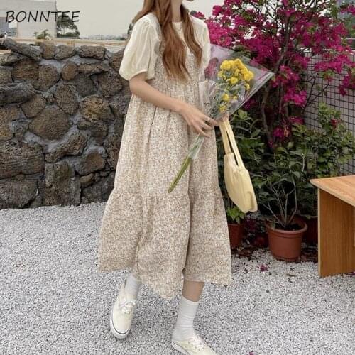 Dress Women Sleeveless Floral Loose Straight Japanese Style Sweet College Backless All-match Mid-calf Prairie Chic Girls Clothes