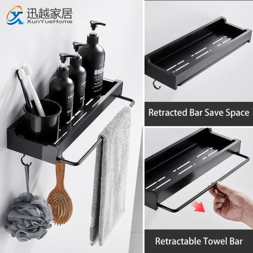 Storage Shower Shef Wth Hook Bar Black Aluminum Tray Towel Rack Wall Hanger Organizer Fixture Bathroom Accessorie 00BS0701