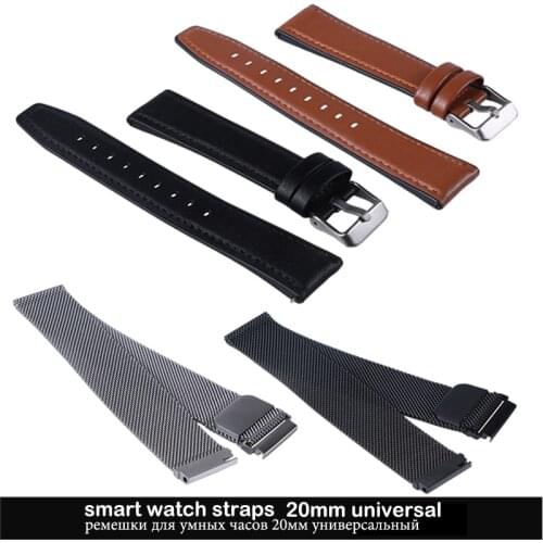 Smart Watch Strap 20mm universal Leather Watchband Silver Black Stainless Steel Strap Band Replacement Bracelet for Smart Watch