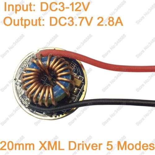 5 Modes 20mm Diameter T6 LED Driver 12V Input (DC3-12V) Output DC3-3.7V 2.5-2.8A For Cree XM-L XML XM-L2 Lighting Transformers