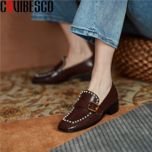 COVIBESCO Leisure Working Classic Basic Women Pumps Retro Casual Low Heels Genuine Leather Square Toe Pearl Spring Shoes Woman