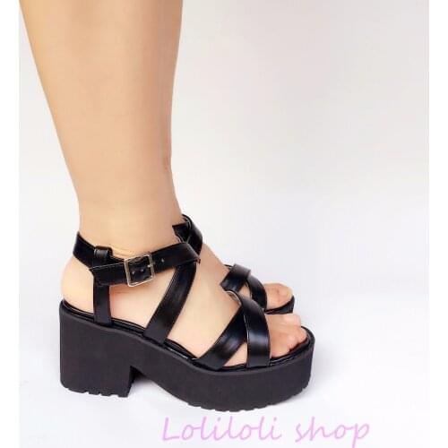 Princess sweet lolita shoes loliloli yoyo Japanese design custom large-size muted black PU buckle strap high-heel sandals 5181s
