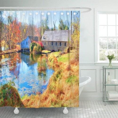Jersey Pond on Morris Canal and Historic Mill County Shower Curtain Waterproof Polyester Fabric 72 x 72 Inches Set with Hooks