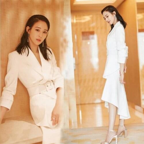 2019 Spring Autumn Women OL Elegant White Suit Skirts Sets Ladies Irregular Blazer Coat + Ruffles Skirts 2 Pieces Set Y216