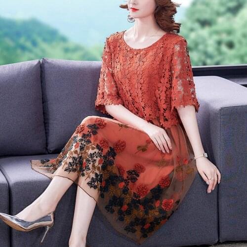 Summer Womens Sweet Hollow Out Organza Embroidery Orange Dress , Woman Clothes Casual 2021 New 4xl 5xl Mesh Dresses