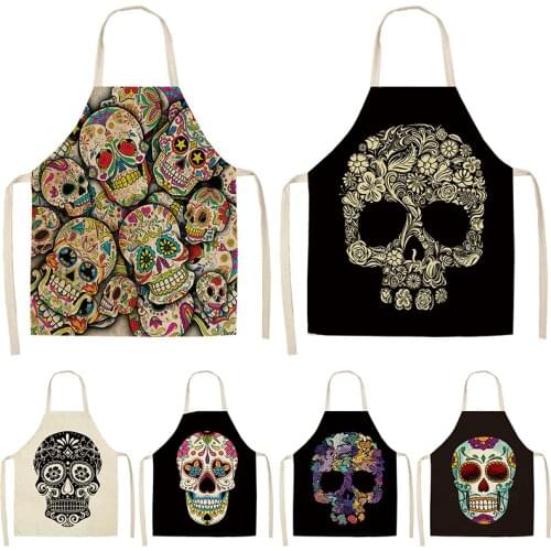 1Pc Skull Pattern Kitchen Apron 53*65cm for Cooking Sleeveless Cotton Linen Aprons Adult Bibs Home Cleaning Accessories 46303