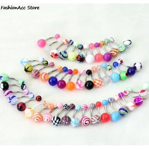 10pcs/set Stainless Steel Belly Button Ring Curved Barbell With Acrylic Pattern Ball Navel Piercing Bar Body Jewelry Hot