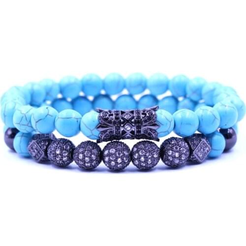 8mm 2PCS/Set jg3 elastic adjusted nature turquoise bead micro pave cz zircon cubic zirconia tube Bracelet Jewelry
