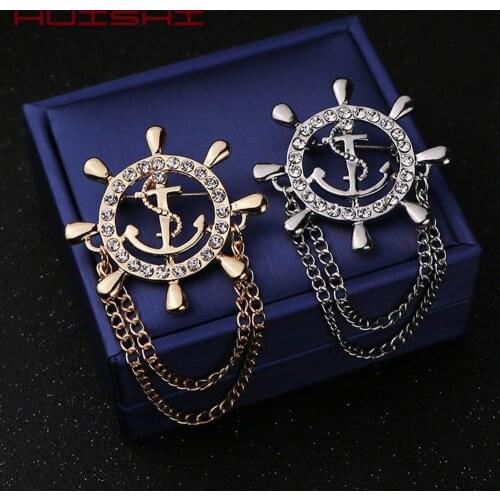HUISHI Crystal Brooch Golden Ships Anchor Rudder Brooches For Mens Suit Badge Lapel Pin For Men Women Chain Christmas Gift