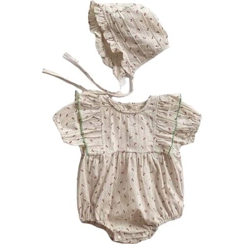 0-12M Baby Girl’s Casual Short Sleeve Romper Sweet Cherry Printed Ruffles Jumpsuits with Cap Summer Cotton Bodysuits
