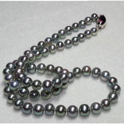 Elegant 9-10mmround natural south sea black grey pearl necklace 18