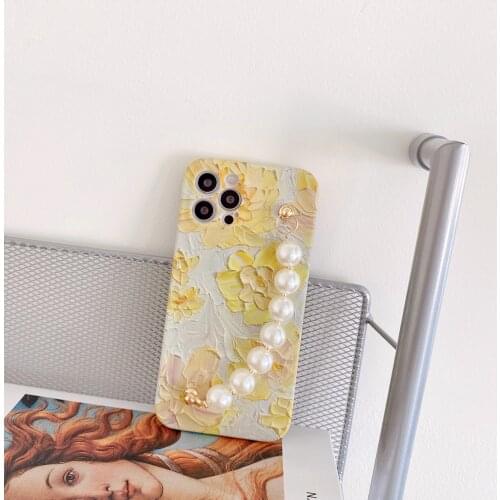Oil Painting Yellow Flower Pearl Bracelet Phone Cases for iphone 12 Pro Max 11 pro max X XS XR 7 8 Plus SE2020 Chain Soft Cover