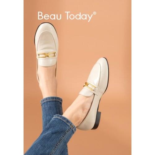 BeauToday Women Loafers Genuine Calfskin Leather Round Toe Metal Chain Soft Slip On Fashion Flats Shoes for Women Handmade 27428