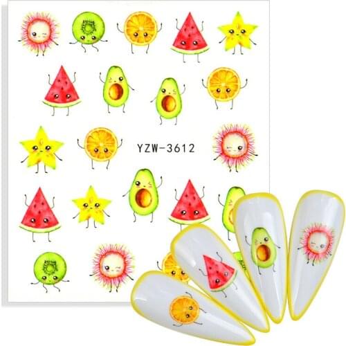 Cute Cartoons Avocado Nail Sliders Summer Design Fruit With Geometric Lines Water Decals Kiwi Lemon Sticker Paper Nail Accessory