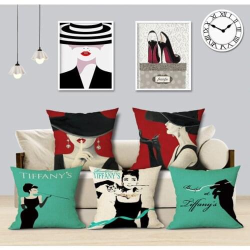 Fashion Women Cushion Cover Linen Girl Printing Throw Pillow Case Black Striped Romantic Red Wine Decorative Pillow Cover