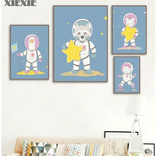 Astronaut Rhinoceros Raccoon Llama Rocket Wall Art Canvas Painting Nordic Posters and Prints Wall Pictures for Kids Room Decor