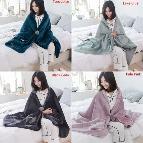 Solid Color Flannel Coral Fleece Velvet Plush Blanket Soft Warm Wearable Shawl Muti Function Throw Sofa Plane Chair Blankets