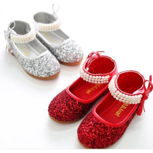 Autumn Spring Kids Beautiful pearl Girls Shoes lown Heels For Party Sequined Silver red Sandals Ankle Strap Children Girls Shoes