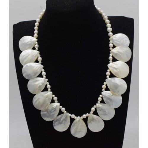 Freshwater pearl white near round and sea shell drop necklace wholesale 19inch FPPJ nature beads gift