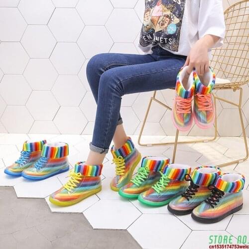 Rain Boots Removable Cover Platform Lace Up PU Waterproof Motorcycle Colorful Ankle Mature Boots Woman Shoes