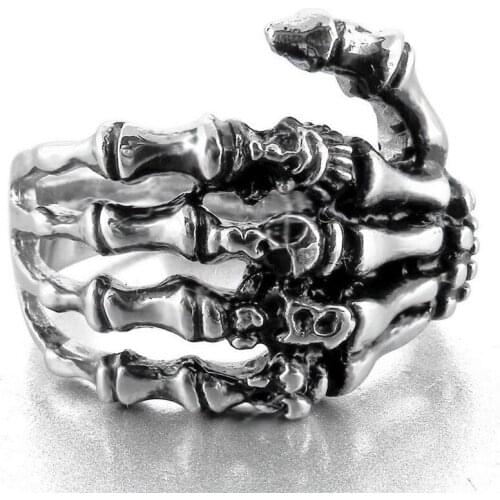 Dark Terror Skull Ghost Paw Hand Bone Silver Plated Ring Men Retro Punk Hip Hop Gothic Accessories Banquet Jewelry Gifts