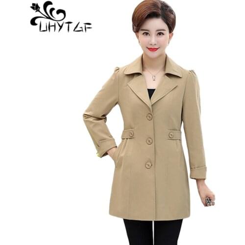 UHYTGF 5XL Plus Size Tops Womens Windbreaker Elegant Mother Casual Spring Autumn Trench Coat Fashion Female Thin Outerwear 2016