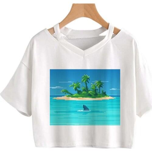 Women Funny T shirt Summer Crop Tops Gothic Anime Printed Harajuku Tees Korean V-nekc Loose Short sleever Vintage Cropped shirt