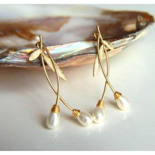 Boho Tribal Gold Leaves Pearl Earring for Women Girl Jewelry Silver Color Twist Cross Tree Branch Metal Drop Earring