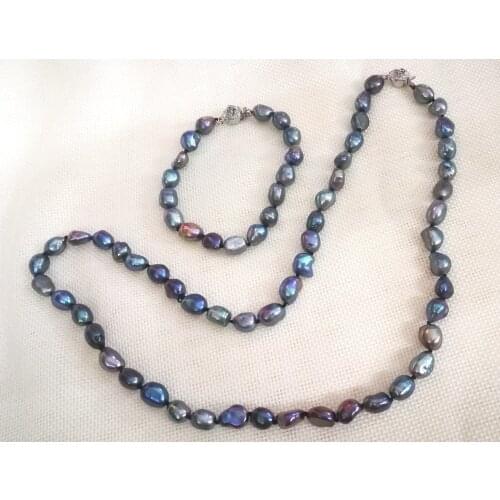 Women Jewelry set 22'' 55cm necklace 9x10mm black blue gray purple baroque pearl handmade bracelet natural freshwater pearl