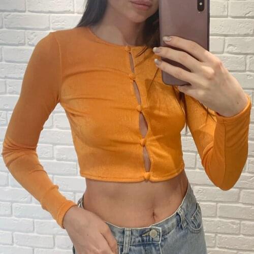 Women Button Down Crop Tops Female Long Sleeve Crew Neck Solid Color Slim Fit Short Shirt Green Orange