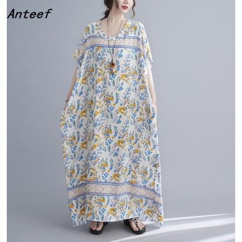 Short sleeve cotton satin vintage floral dresses for women casual loose maxi long woman summer beach dress elegant 2021 sundress