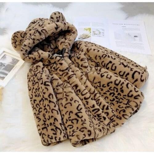 Winter Warm Kids Girls Hooded Zipper Thicken Jacket Coats Childrens Clothing Fashion Velvet Leopard Faux Fur Outerwear C180