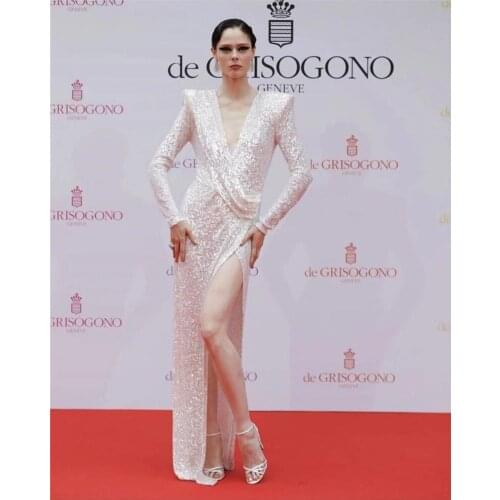 Gold Silver Sequins Long Sleeve V-Neck Maxi Long Dress Celebrity Womens Dress Luxury Evening Party Dress