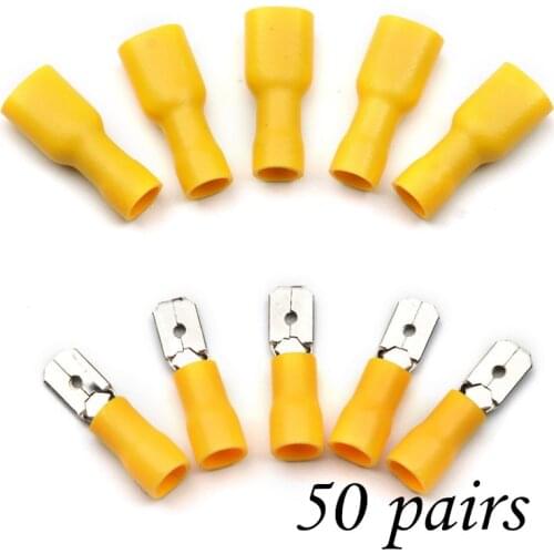 100pcs 50pairs 6.3mm 16-14AWG Female Male Electrical Wiring Connector Insulated Crimp Terminal Spade FDFD5.5-250 MDD5.5-250