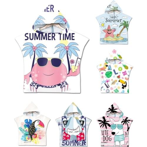 Free shipping Tropical Palm Monstera Flower Toucan Parrot Crab Starfish Shark Baby Kids Hooded Swim Bath Beach Towel Poncho Cape