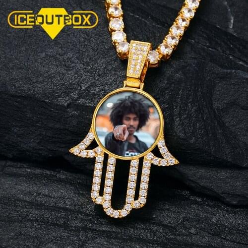 ICEOUTBOX Hamsa Hand Customized Photo Pendant Necklace For Women Men Hip Hop Jewelry Personalized Cubic Zirconia Chains Gifts